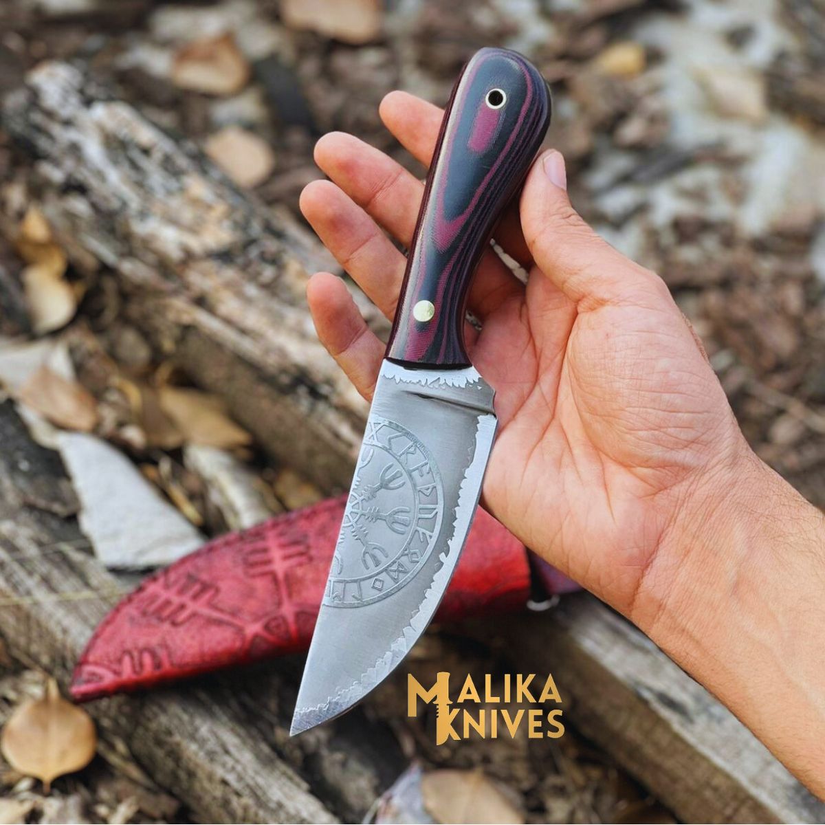 "Vegvisir Viking Hunting Knife by Malika Knives: Handcrafted masterpiece with engraved cowhide leather sheath and Micarta handle."