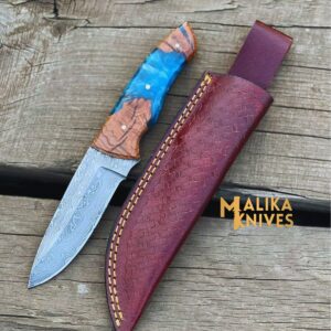 Handmad Damascus Steel Skinner Knife – Rosewood & Resin Handle – Leather Sheath – Ultimate Outdoor Companion-0024