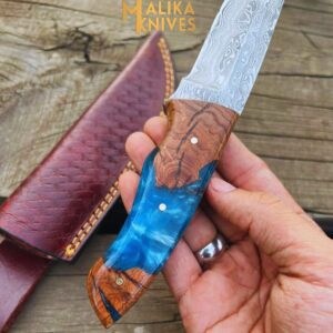 Handmad Damascus Steel Skinner Knife – Rosewood & Resin Handle – Leather Sheath – Ultimate Outdoor Companion-0024