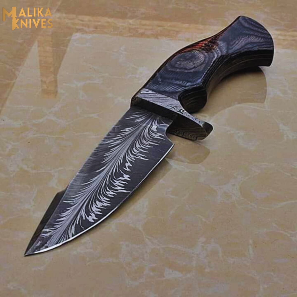 Feather Pattern Damascus Steel Hunting Knife: Pakka wood Handle for Unmatched Grip & Performance-0334