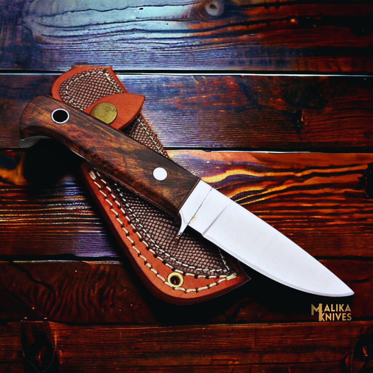 Handmade 440c Stainless Steel Hunting Knife: Rose wood Handle & SS Guard-0339