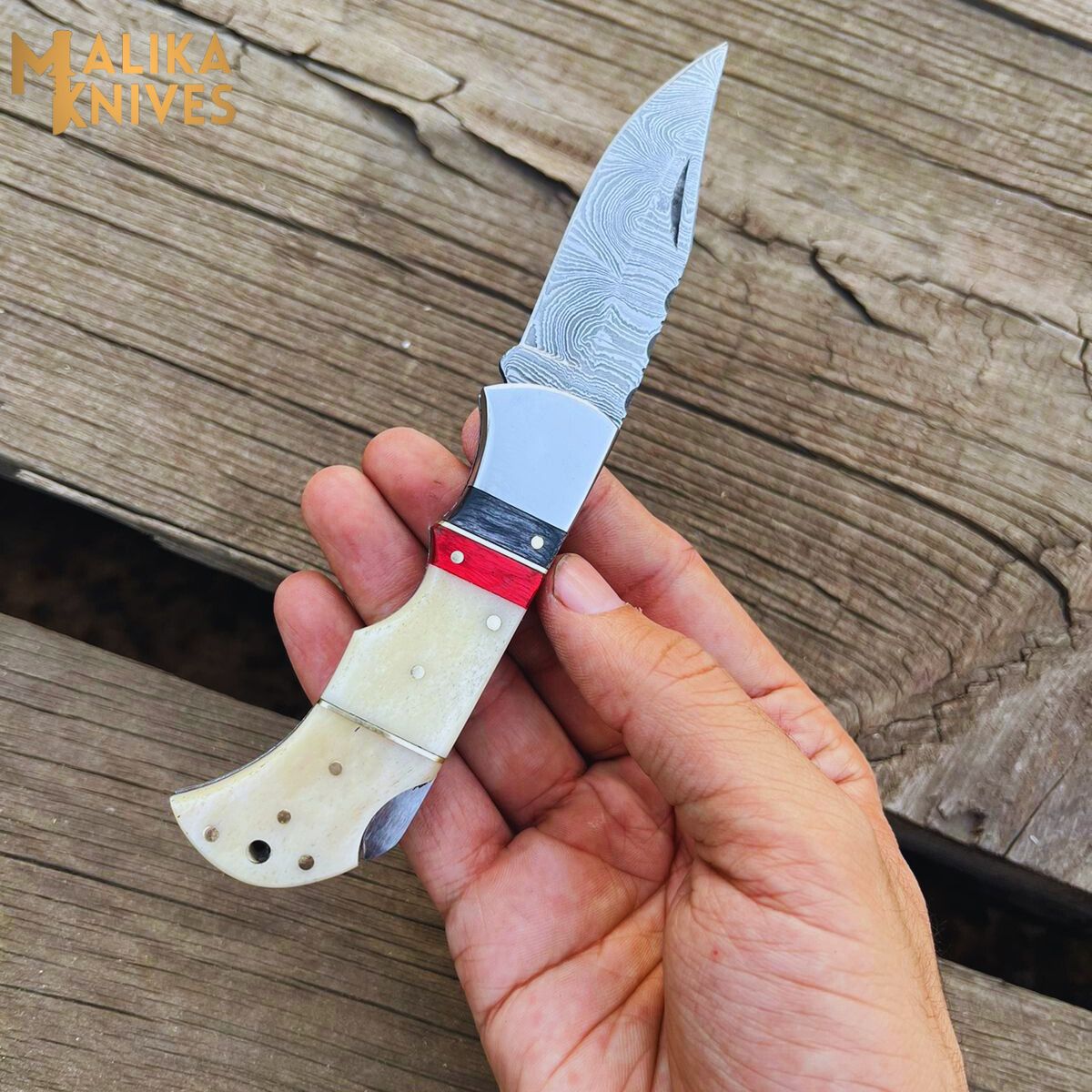 Custom Handmade Thumb Lock (Back Lock) Folding Knife with Camel Bone handle-0802