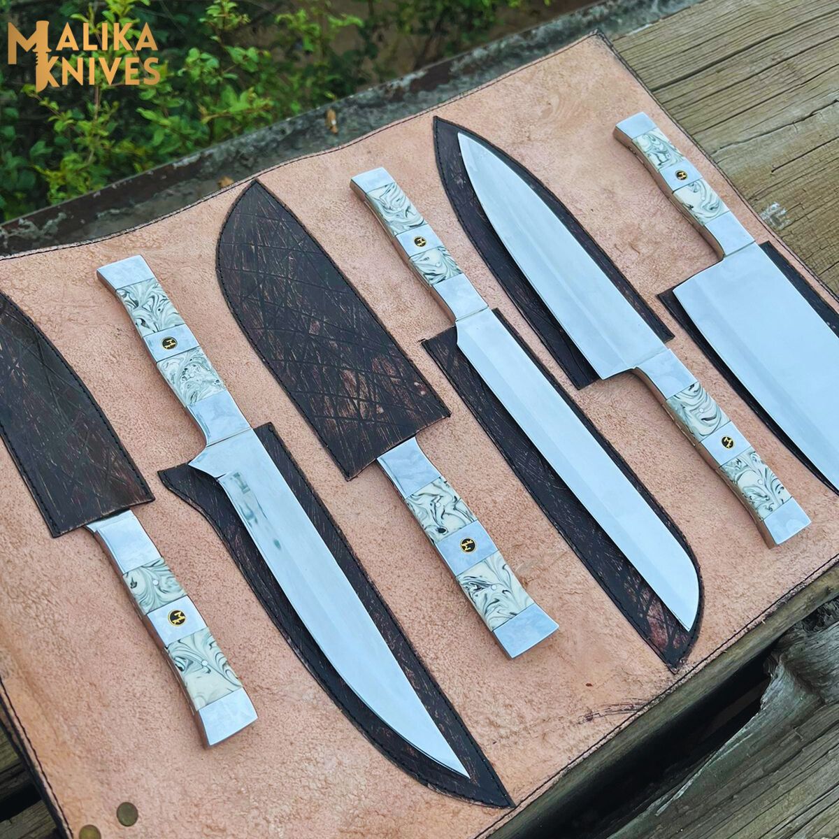 Malika Ultimate Kitchen Knife Set: Premium Black & white Collection with Custom Leather Carrying Case -0205