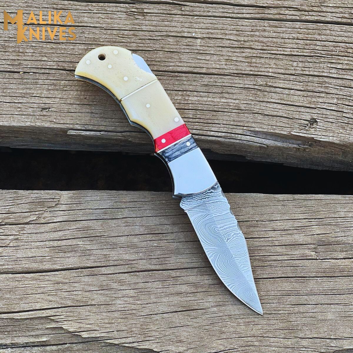 Custom Handmade Thumb Lock (Back Lock) Folding Knife with Camel Bone handle-0802