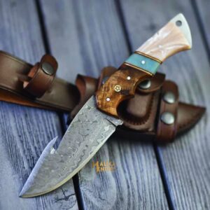 Raindrop Damascus GutHook Hunting Knife | Wood & Resin handle-0344