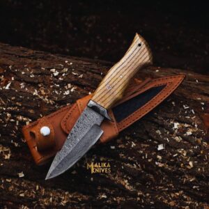 Twist Pattern Damascus Steel Hunting Knife: Walnut wood Handle & Custom sheath-0345