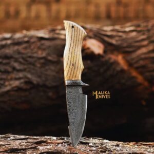 Twist Pattern Damascus Steel Hunting Knife: Walnut wood Handle & Custom sheath-0345