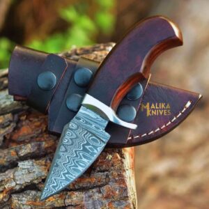 Mini Hollow Grind Hunting Knife: Rose wood Handle & Custom sheath-0347