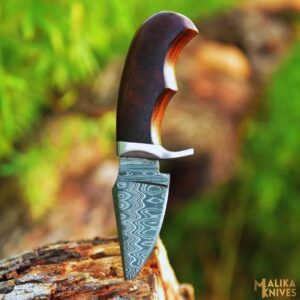 Mini Hollow Grind Hunting Knife: Rose wood Handle & Custom sheath-0347