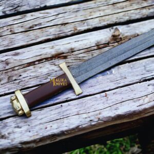 Custom Damascus Viking Sword With Brass Pummel & Guard-903