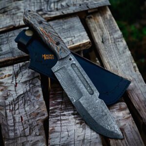 Damascus Steel Hunting & Survival Bushcraft Bowie Knife with Pine-Cone-0042