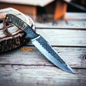 Hand forged D2 Wolf Hunting Knife – with Full Tang Build &  Engraved Leather Sheath-0357