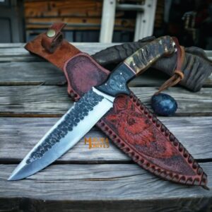 Hand forged D2 Wolf Hunting Knife – with Full Tang Build &  Engraved Leather Sheath-0357