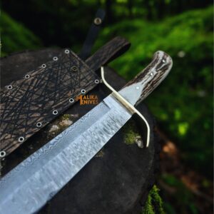 SS Damascus Stag Hunting Bowie Knife with Custom Leather Sheath-0047