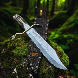 SS Damascus Stag Hunting Bowie Knife with Custom Leather Sheath-0047