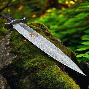 Damascus Feather Bowie Knife with Custom Leather Sheath-0049