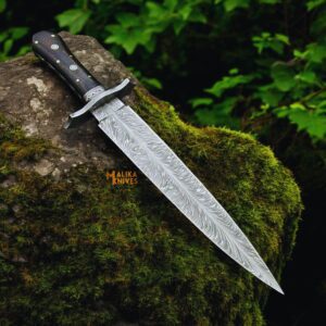 Damascus Feather Bowie Knife with Custom Leather Sheath-0049